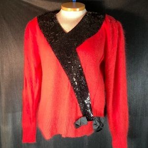 Vintage 80’s Angora red sweater with black‎ sequins. M. Holiday. Unlaundered Z.